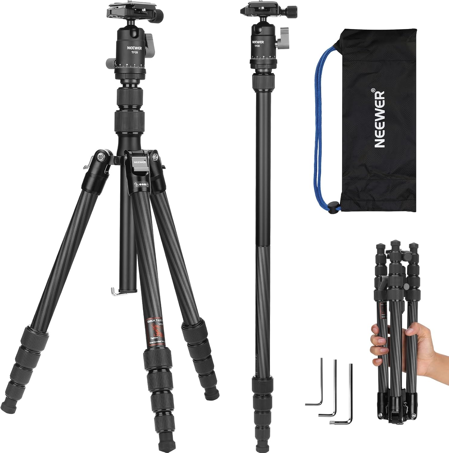 Carbon Fiber Camera Tripod Monopod, 65" Lightweight Compact Portable Travel DSLR Video Stand, 360° Ball Head, Anti