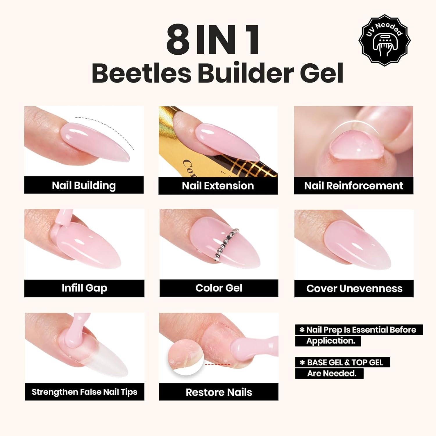 Beetles Builder Gel with Base & Top Coat, 3 Pcs Gel Builder Starter Set
