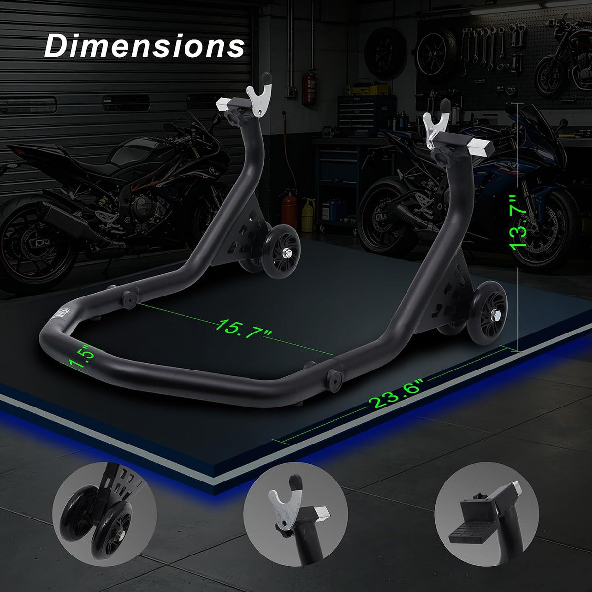 Motorcycle Rear Wheel Paddock Lift Stand, Matte Black, 500 LBS Capacity, U And L Shaped Support Adapters, 1.5 Inch