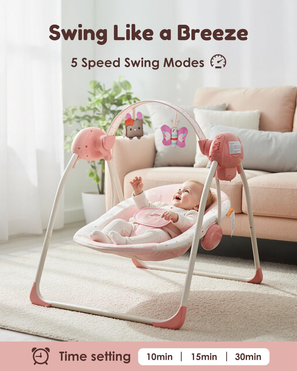 Baby Swings for Infants, Tiny Marvels Foldable Swing with Music,0-9M, 20lbs | Five swing speeds, dual power supply