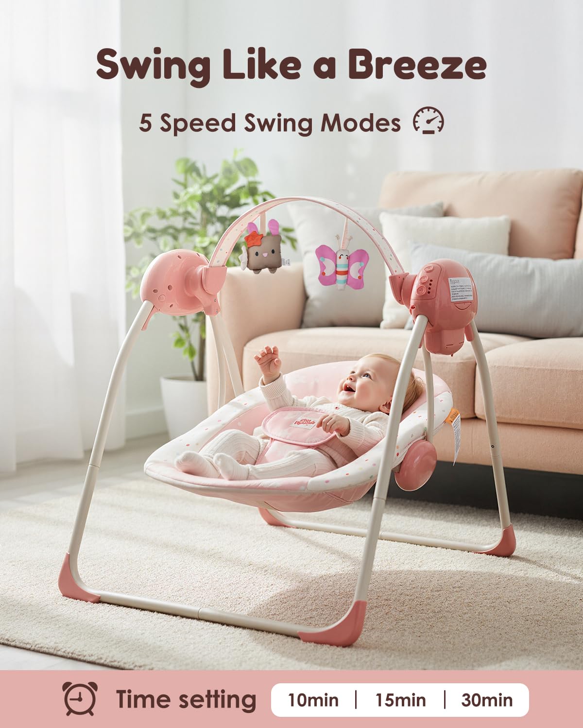 Baby Swings for Infants, Tiny Marvels Foldable Swing with Music,0-9M, 20lbs | Five swing speeds, dual power supply