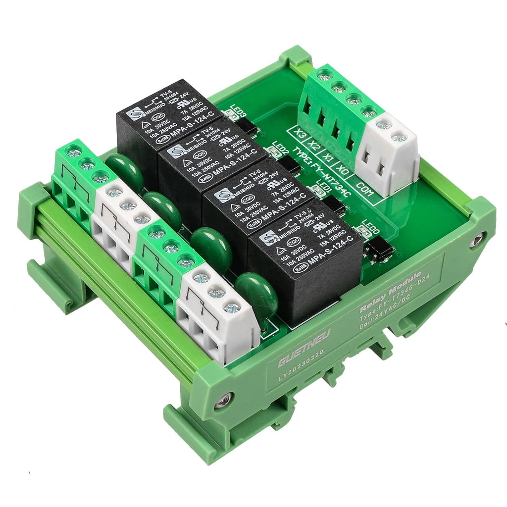Relay Board, Relay Module 4 Channel 1 SPDT DIN Rail Mount 24V DC/AC