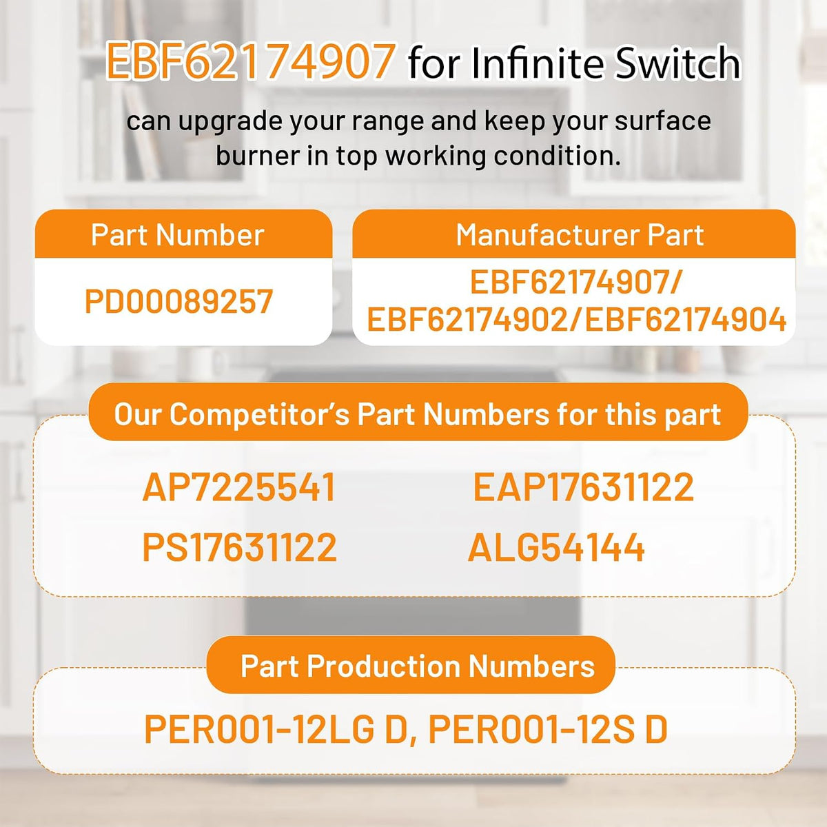 EBF62174907 / EBF62174904 / EBF62174902 Infinite Control Switch for Electric Range Surface Element, Replacement for PER001-125 D PER001-225 D AP7225541, Stove Burner Temperature Regulator