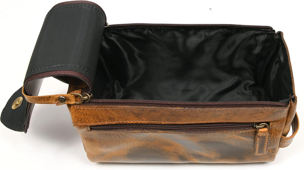 Leather Toiletry Bag for Men 9 Inch | Grooming Travel Kit | With Waterproof Lining | By Aaron Leather Goods (Raven Tan)