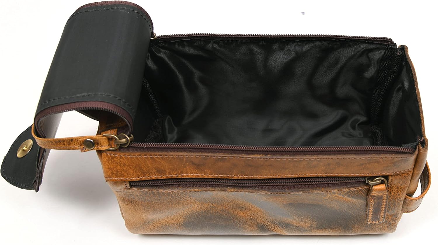 Leather Toiletry Bag for Men 9 Inch | Grooming Travel Kit | With Waterproof Lining | By Aaron Leather Goods (Raven Tan)