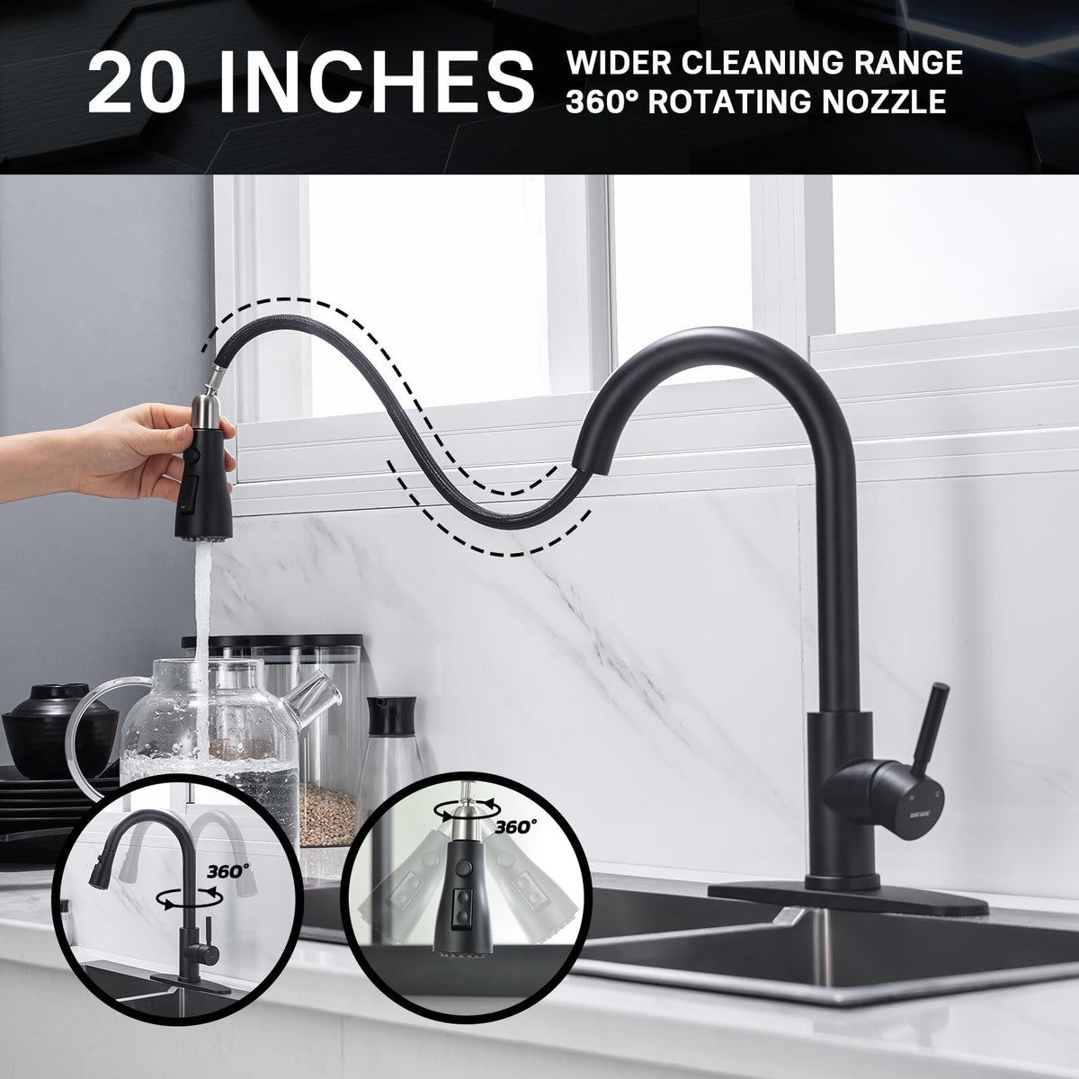 Pull-Down Kitchen Faucet, 3-Mode Sprayer, Matte Black, High Arc