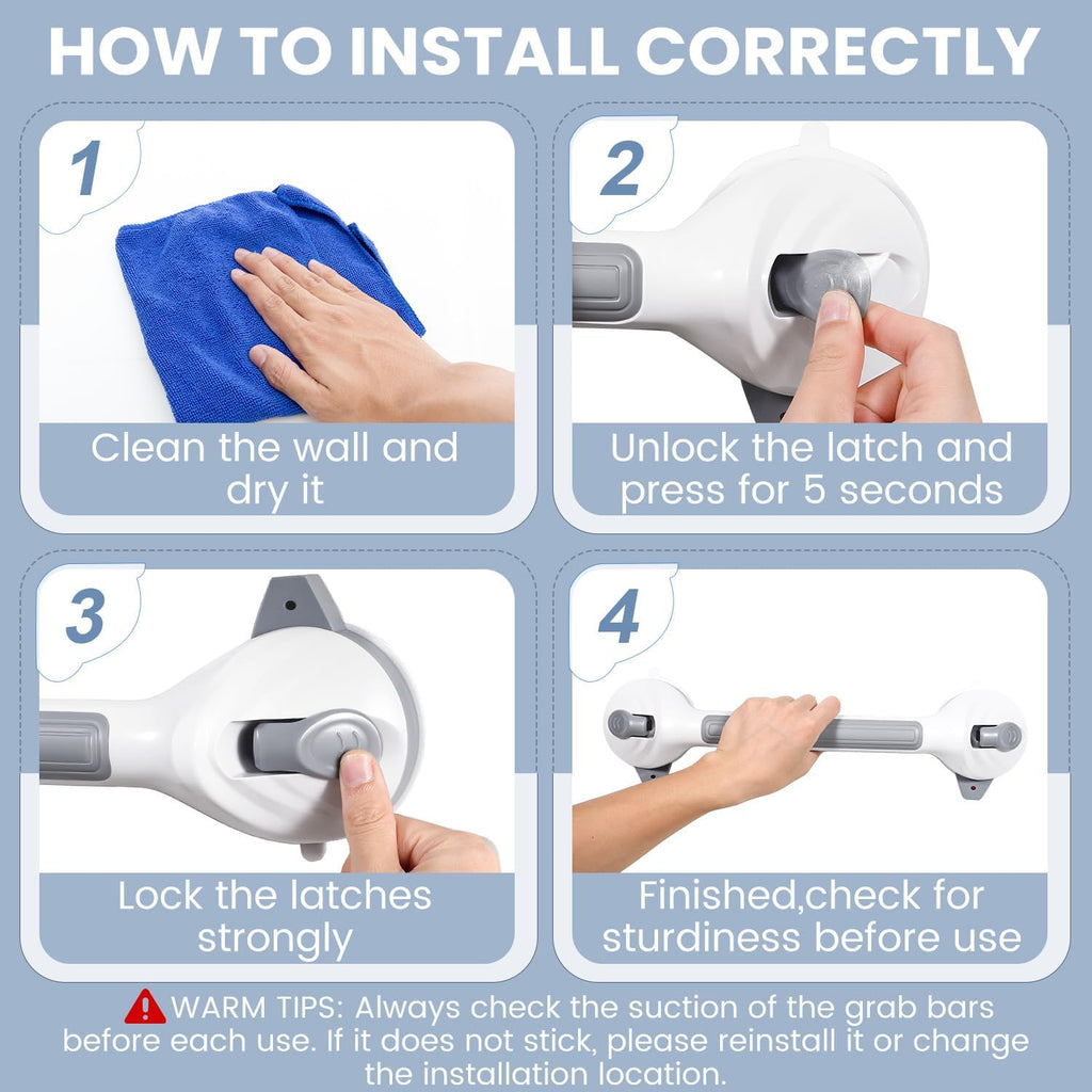 Grab Bars for Shower, 16.5 Inch Shower Handle with Safety Indicators, Suction Cup Bathroom Grab Bar for Elderly
