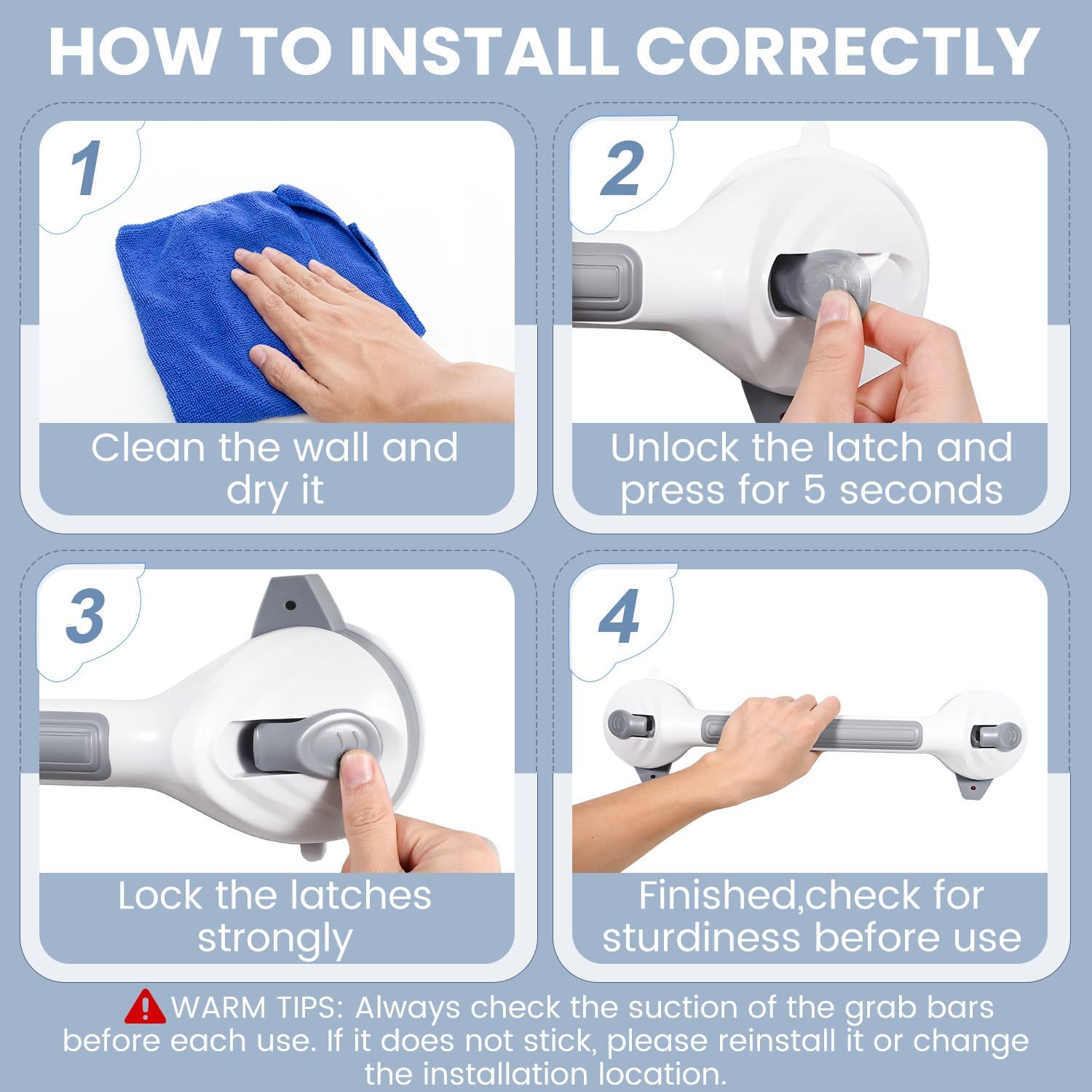 Grab Bars for Shower, 16.5 Inch Shower Handle with Safety Indicators, Suction Cup Bathroom Grab Bar for Elderly