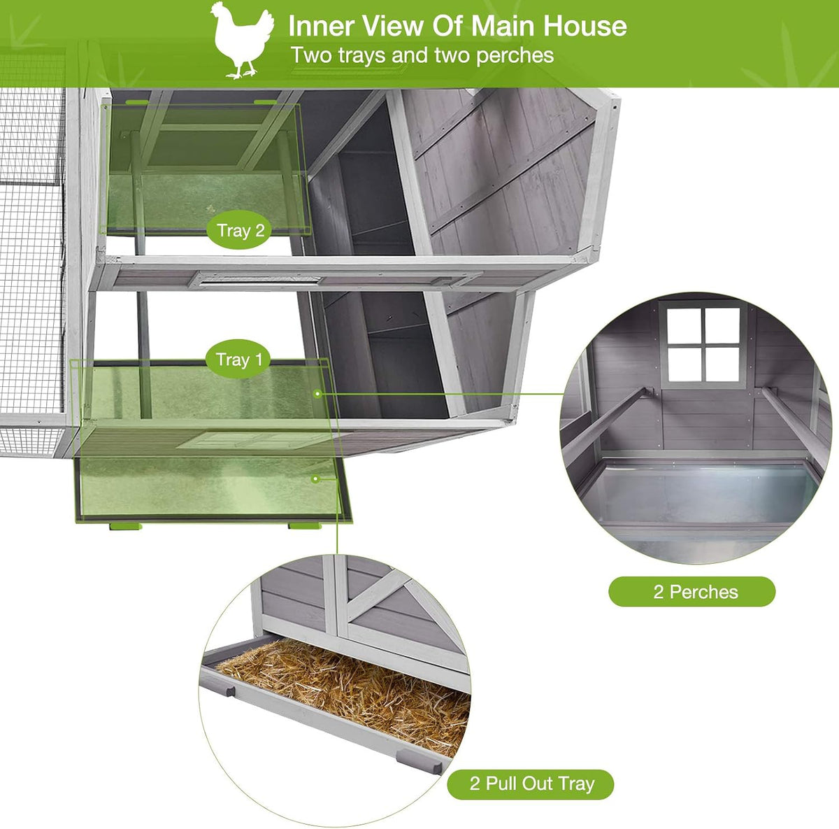 Chicken Coop Large Hen House for 8-10 Chickens Wooden Poultry Cage with Run and Nesting Box 115in