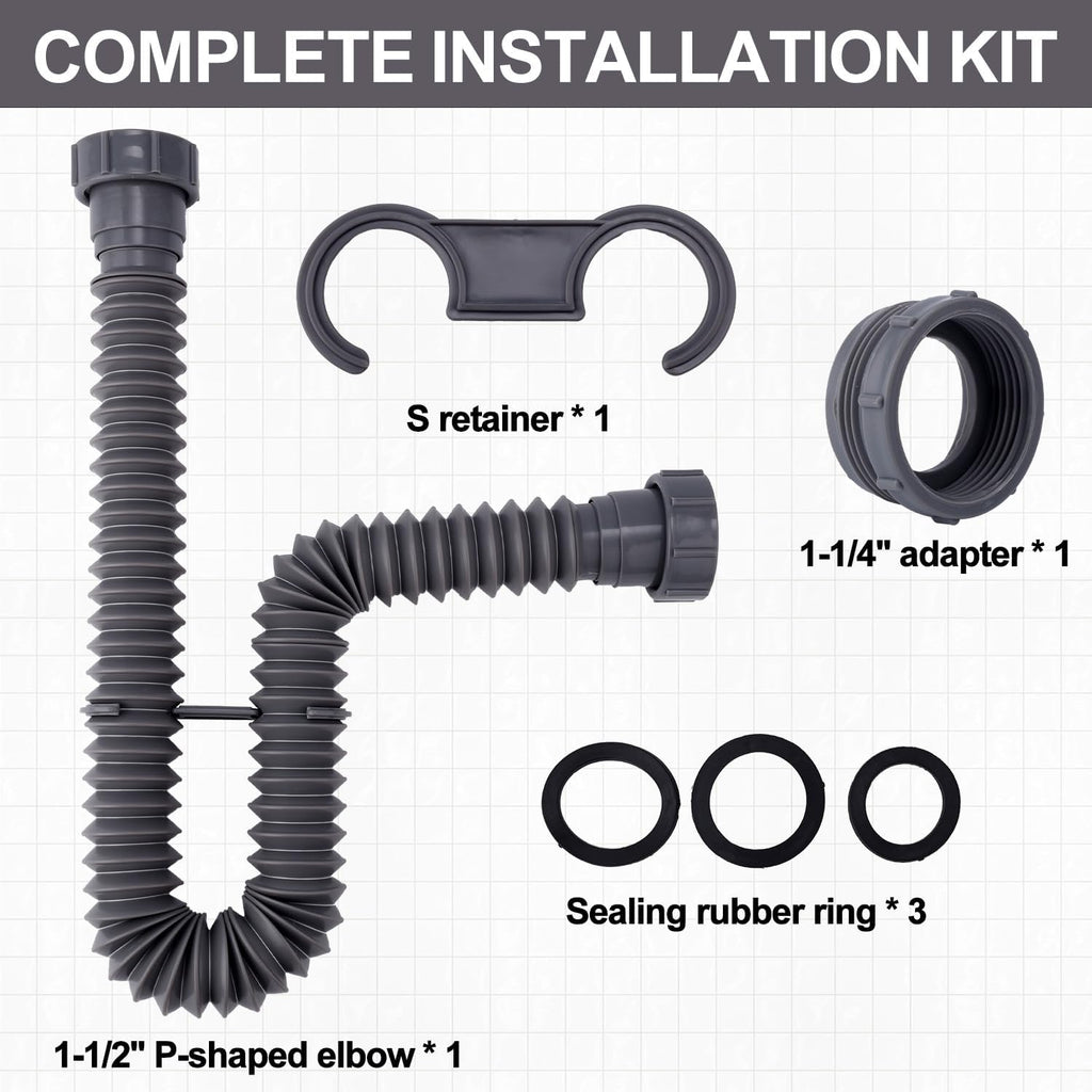 Sink Drain Kit, 1-1/2 Inch Expandable Flexible P-Trap 7.5 Inch - 17.7 Inch | Flexible Sink Drain Pipe for Bathroom