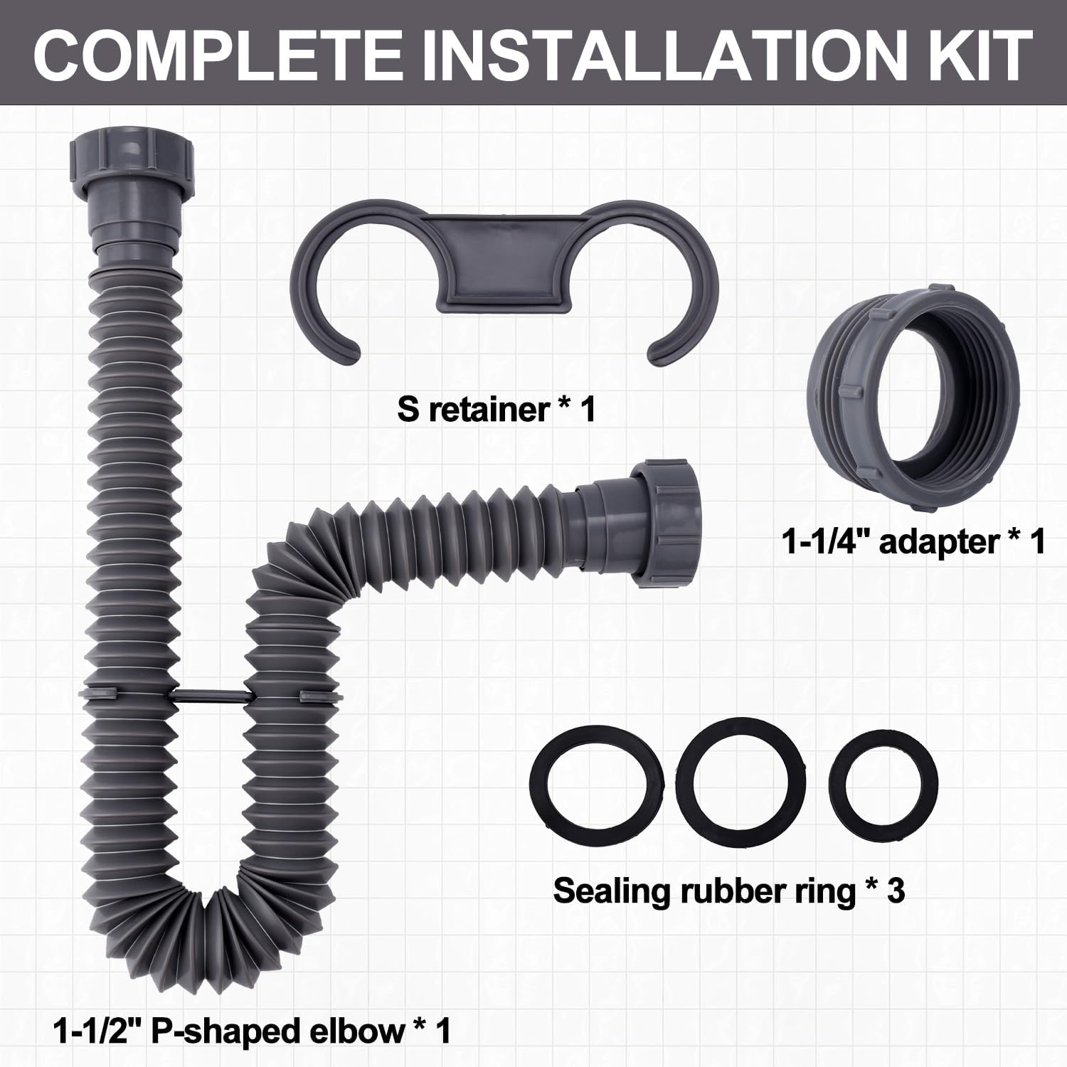 Sink Drain Kit, 1-1/2 Inch Expandable Flexible P-Trap 7.5 Inch - 17.7 Inch | Flexible Sink Drain Pipe for Bathroom