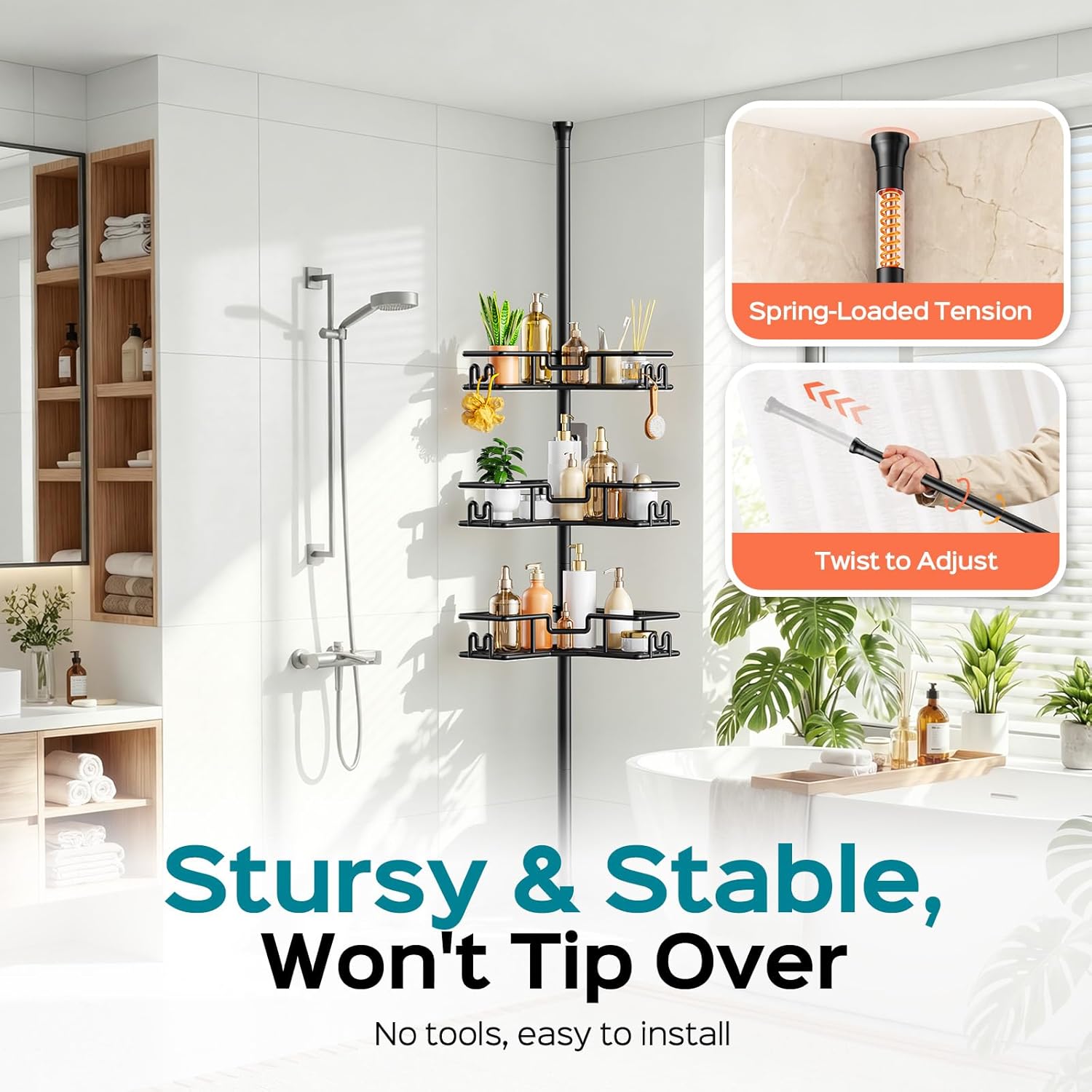 Shower Caddy Tension Pole: 4-Tier Adjustable Corner Organizer Black | Heavy Duty Rustproof L-Shaped Shelves- No
