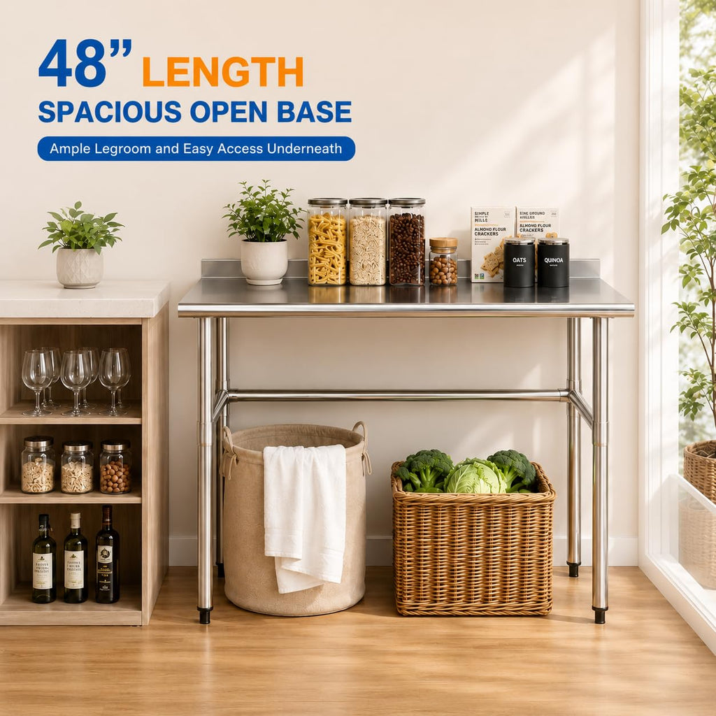 Open Base Stainless Steel Work Table with Backsplash, 24x48 Inch