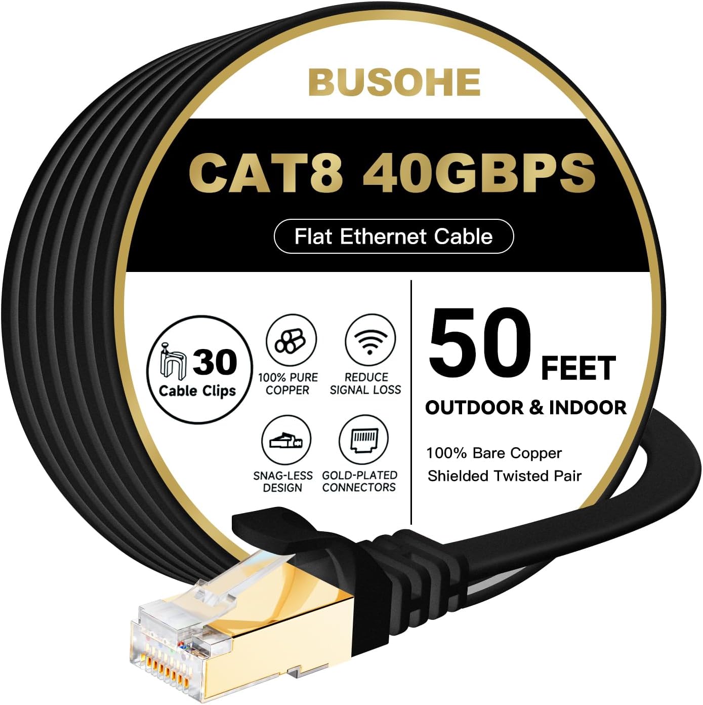Cat 8 Ethernet Cable 50 FT, 40Gbps 2000MHz Cat8 High Speed Flat Internet Network Patch Cord, SFTP Shielded LAN Wire