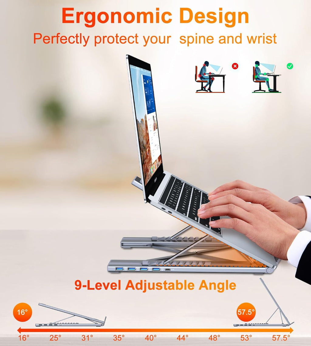 5-in-1 USB C Hub Adjustable Aluminum Laptop Stand, 4-Port USB A 3.0 with 5Gbps Data Transfer USB C Hub Docking