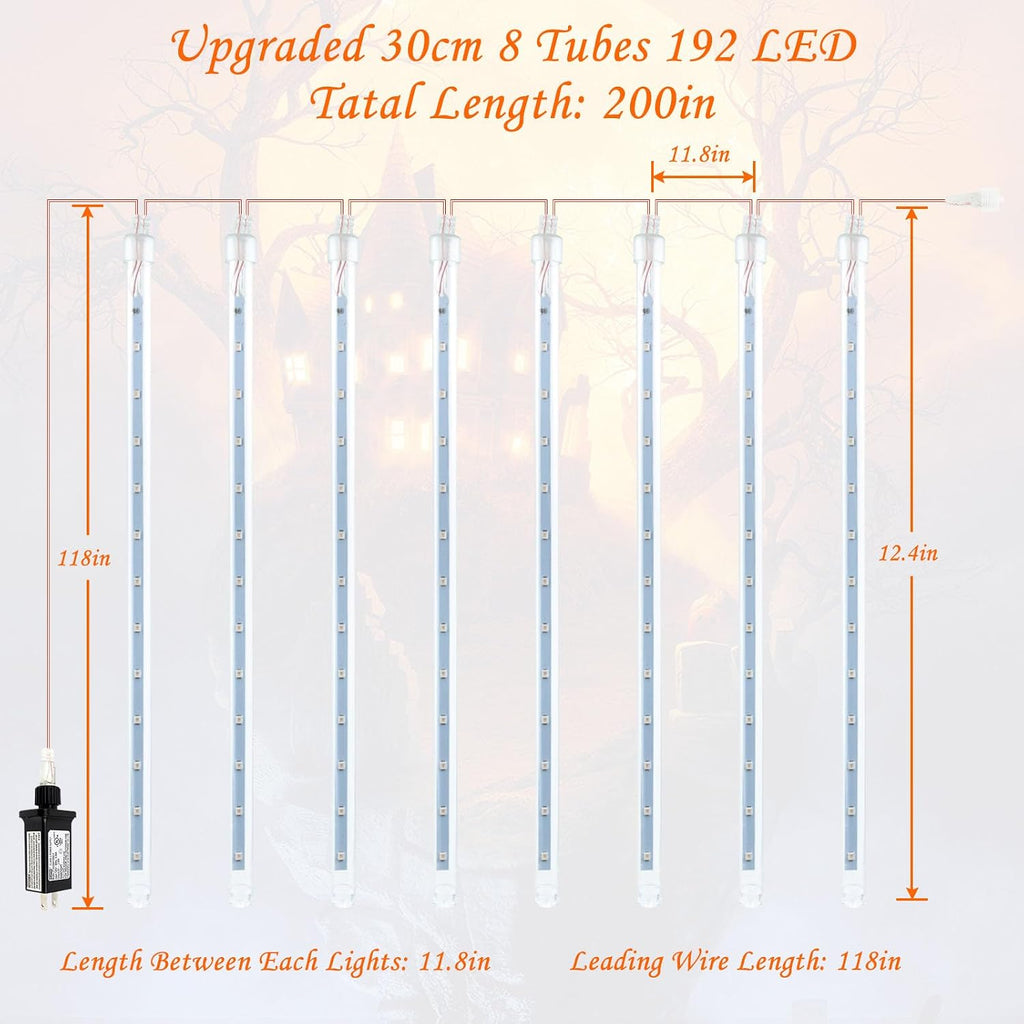 Halloween Lights Outdoor 2 Pack 16 Tube Meteor Shower Lights Orange Purple | Total 384LED, Extendable, Plug in