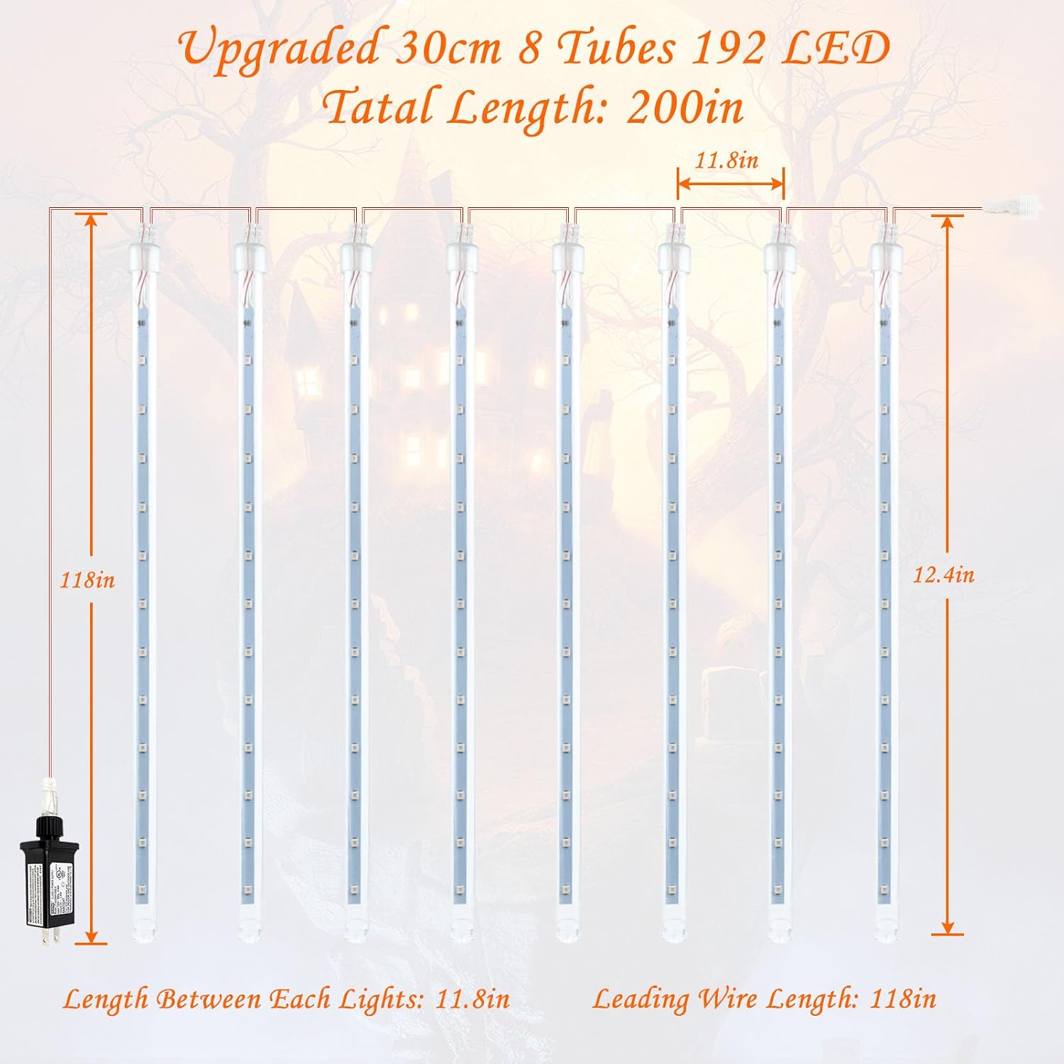 Halloween Lights Outdoor 2 Pack 16 Tube Meteor Shower Lights Orange Purple | Total 384LED, Extendable, Plug in