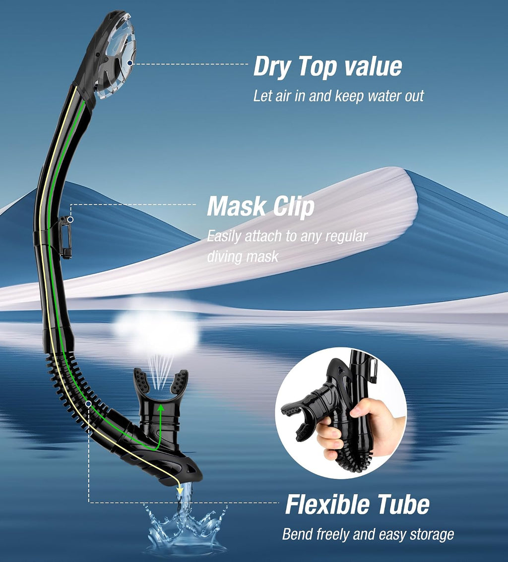 Diving Dry Snorkel for Adult Youth with Purge Valve, Flexible Tube | Air-In & Water-Out Design, Easy Comfortable