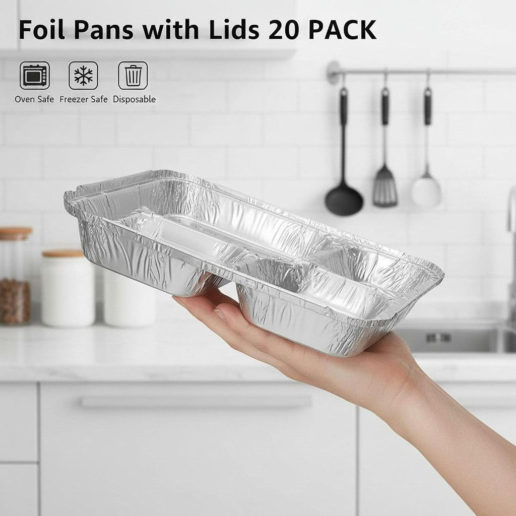 20 Pack 9.6 x 8.5 Inch 4-Compartment Disposable Aluminum Foil Trays with Lids, Oven Safe Food Containers for Takeout