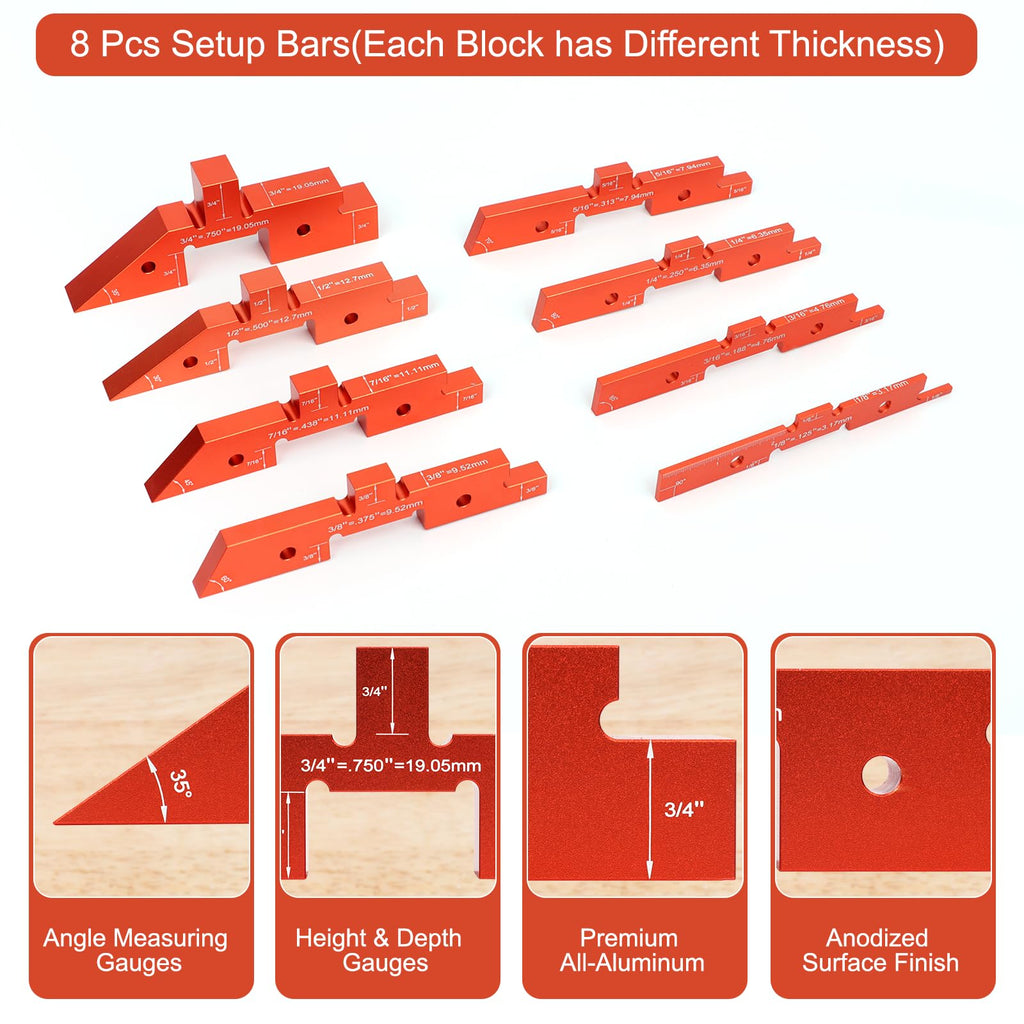 8-Piece Router Setup Bars, Precision Aluminum Positioning Blocks, for Router Table Saw Height Depth Angle Setting Measuring Tool With Storage Case (Each Setup Bars has Different Thickness)
