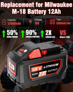 12.0Ah Replacement for Milwaukee 18V Battery and Charger M-18 Battery 2Pack