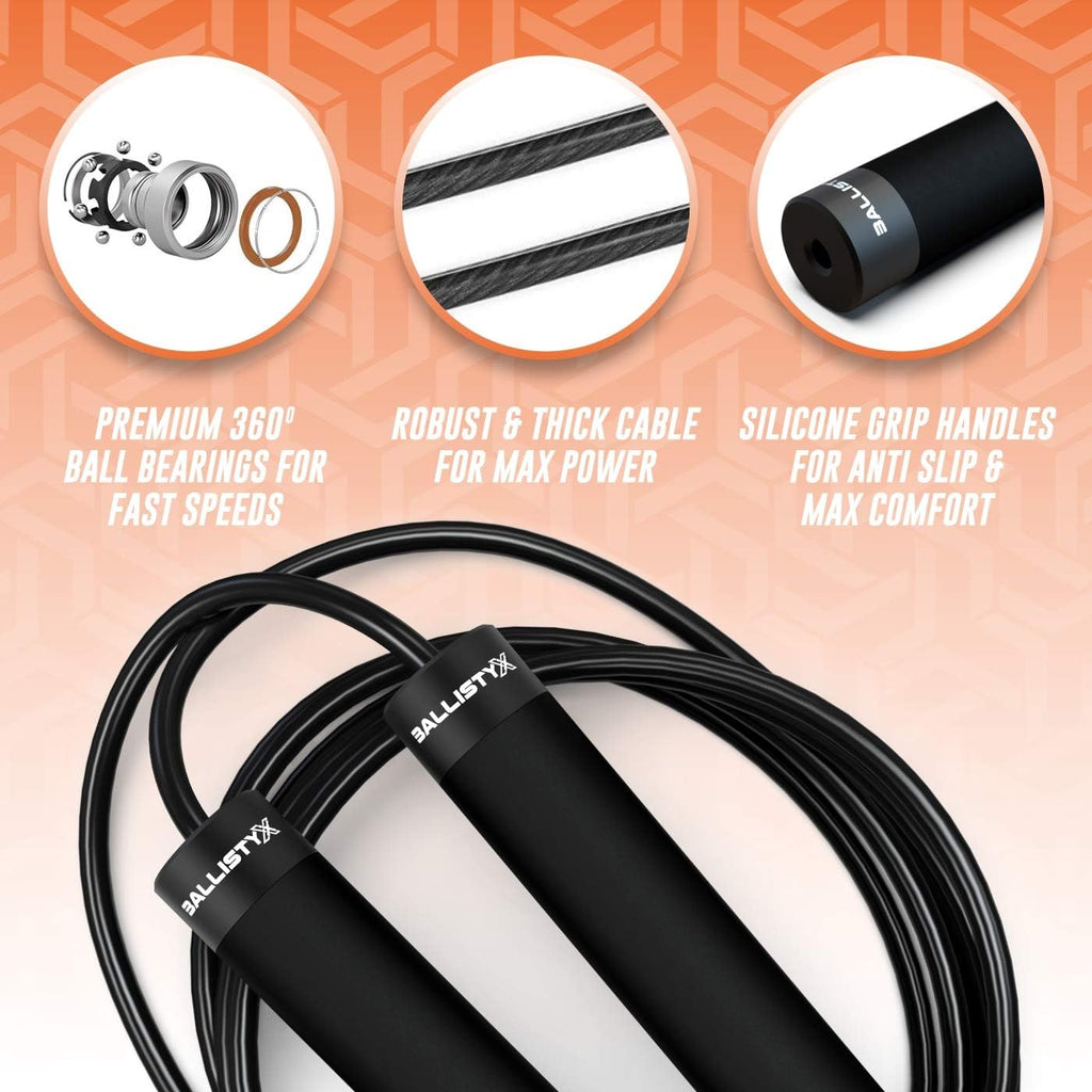 Ballistyx Jump Rope - Premium Speed Jump Rope with 360 Degree Spin, Steel Handles, Silicone Grips and 2 x Adjustable