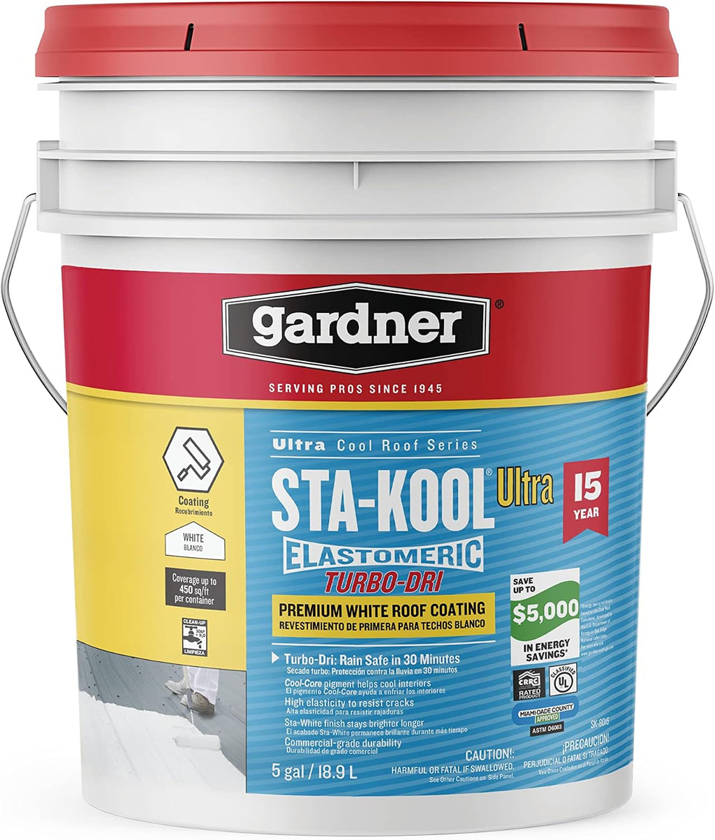 Gibson Sta-Kool 15-Year Turbo-Dri Elastomeric Roof Coating, White, 5 Gal., Flexible White Acrylic Roof Coating