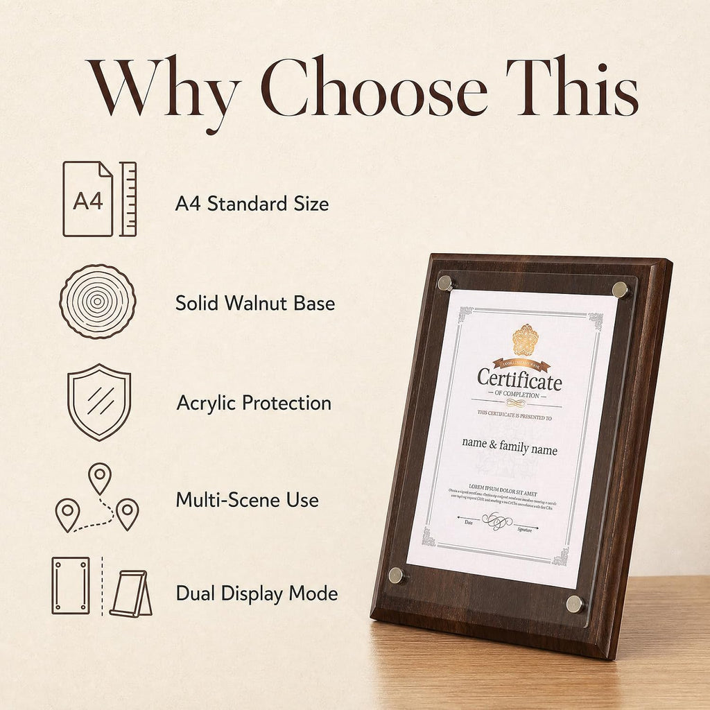 Award Plaque, Personalized Plaque, Walnut Wood 11.42 x 14.96in A4 Certificate Frame with Acrylic Panel for Employee