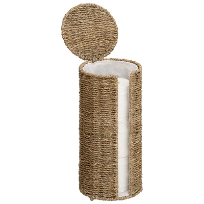 Seagrass Free Standing Toilet Paper Holder Stand for Bathroom, 3 Rolls of Toilet Tissue Storage with a Built-in Cloth