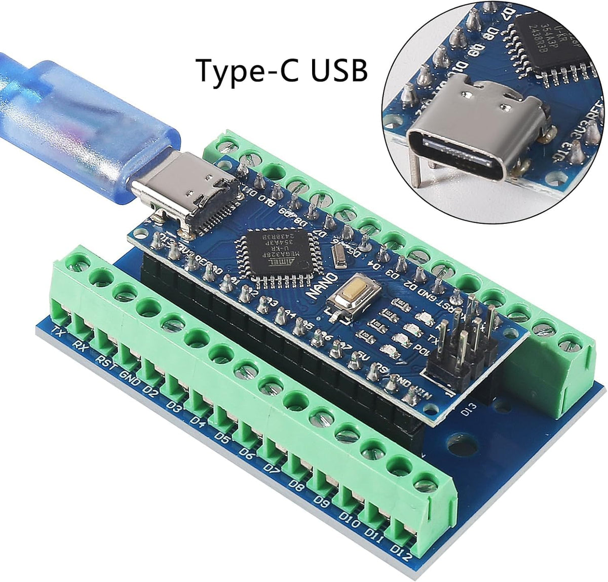 3 Set Nano V3.0 ATmega328P Module Microcontroller Board with Type-C Cable Compatible with Arduino + Nano Terminal Adapter Shield Expansion Board