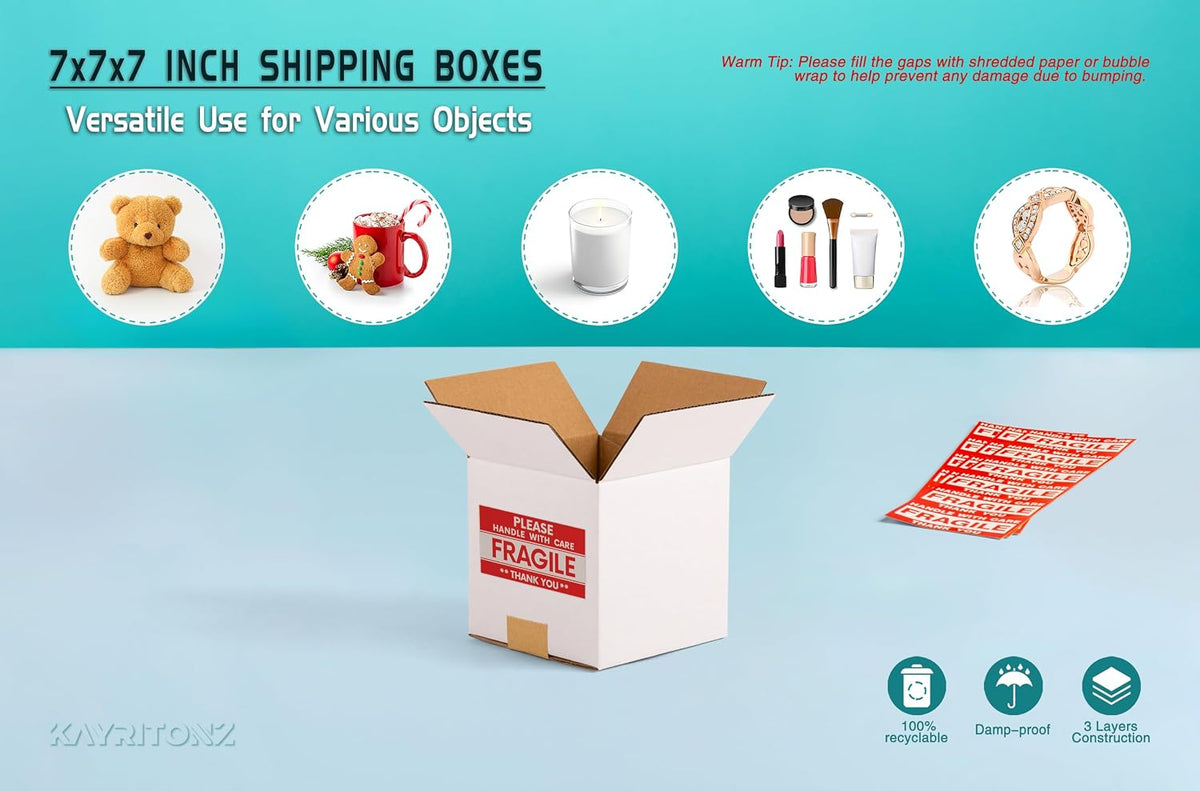 7x7x7 inch Small Shipping Boxes, 7 x 7 White Box, 15 Pack