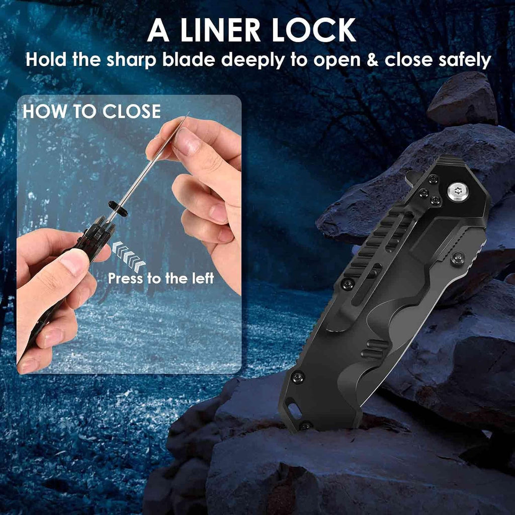 Pocket Knife, Folding Knives Blade 3.3in, Foldable Survival Small Knife with Clip, Liner Lock & Glass Breaker