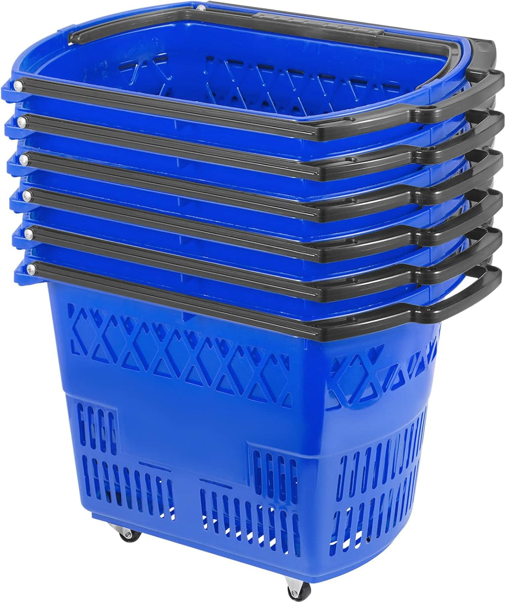 6PCS Shopping Carts, Blue Shopping Baskets with Handles, Plastic Rolling Shopping Basket with Wheels, Portable