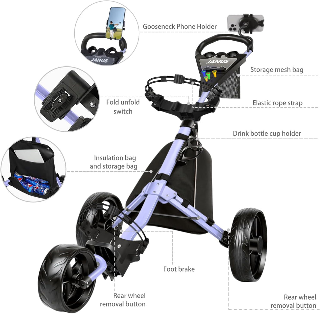 Golf Push Cart 3 Wheel, Foldable with One-Click Folding, Compact Golf Bag Cart, Wide EVA Wheels, Foot Brake, Elastic