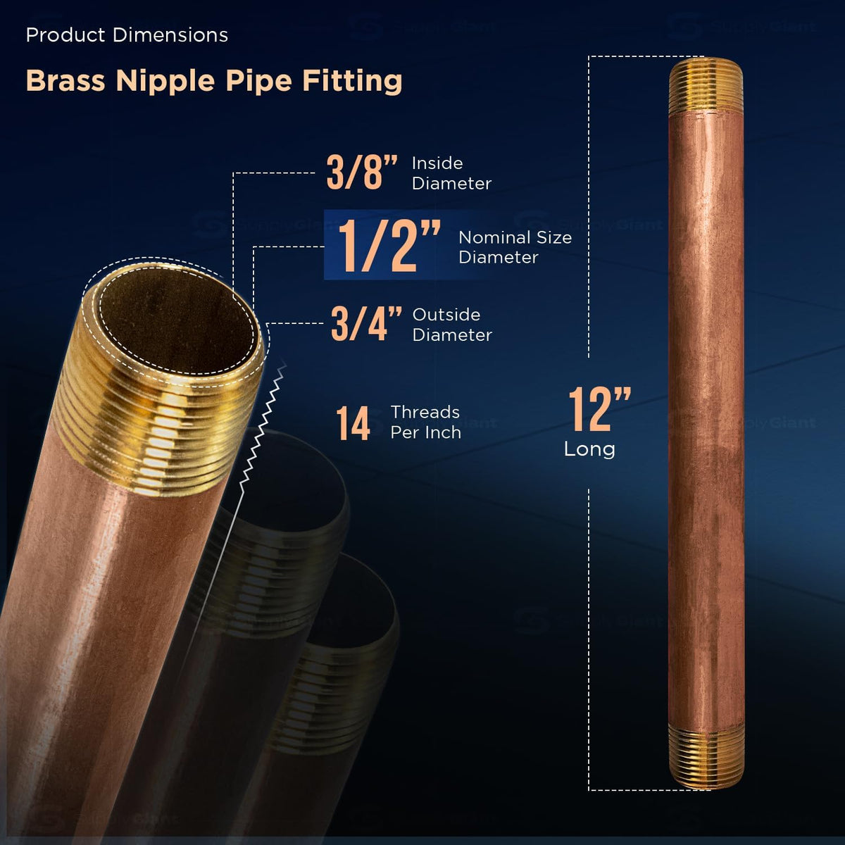 12" Long Brass Nipple Pipe Fitting with 1/2" Nominal Diameter and NPT Ends