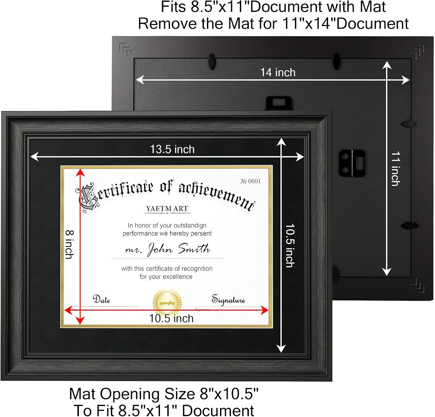 11x14 Diploma Frame, Certificate Frame with Tempered Glass, Display 8.5x11 Document with Black Over Gold Acid-free