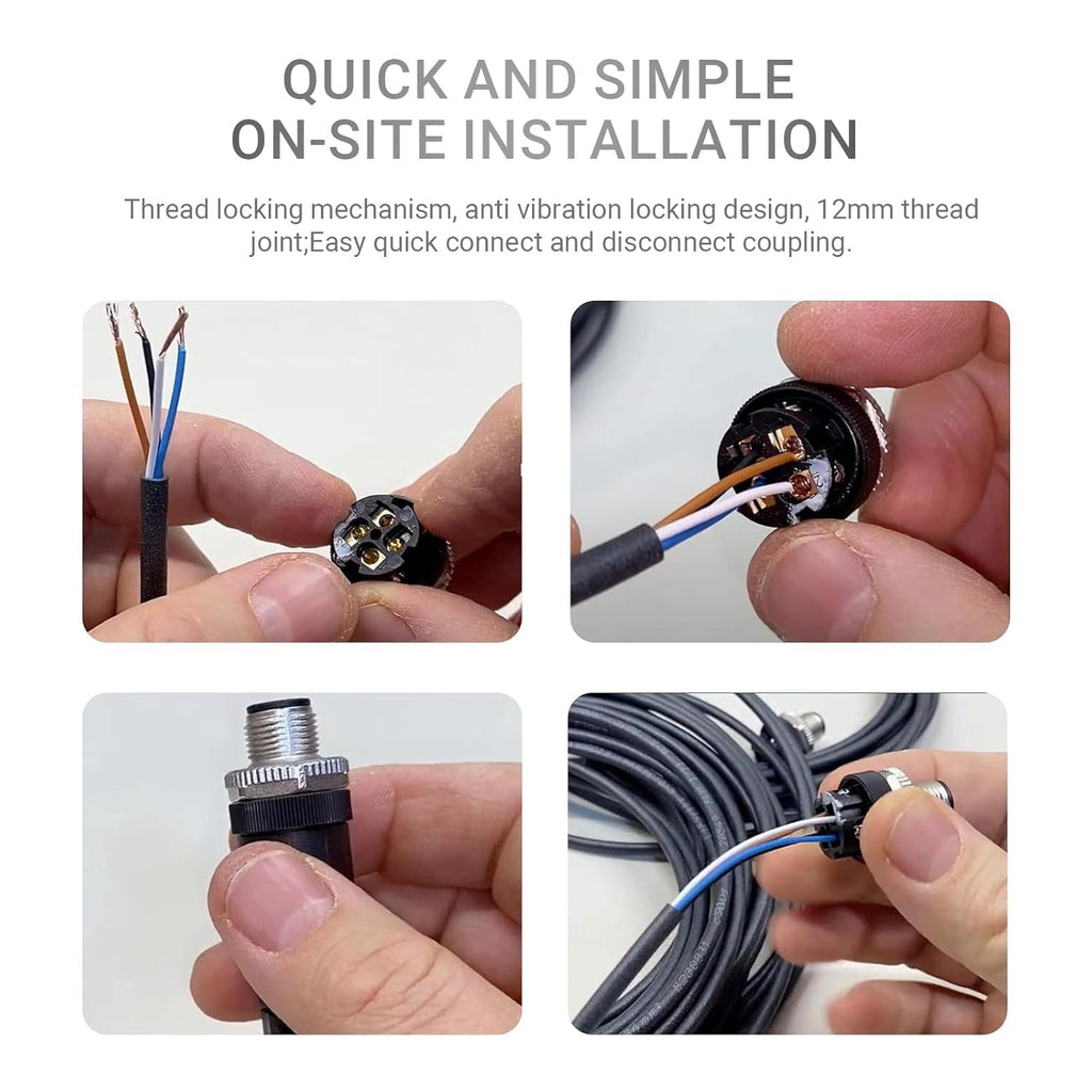 Elecbee 5PCS M12 4 Pin Connector Field Wireable A Code Straight Male Plug Non-Shield 12mm Industrial Circular Connector, Outdoor Waterproof IP67