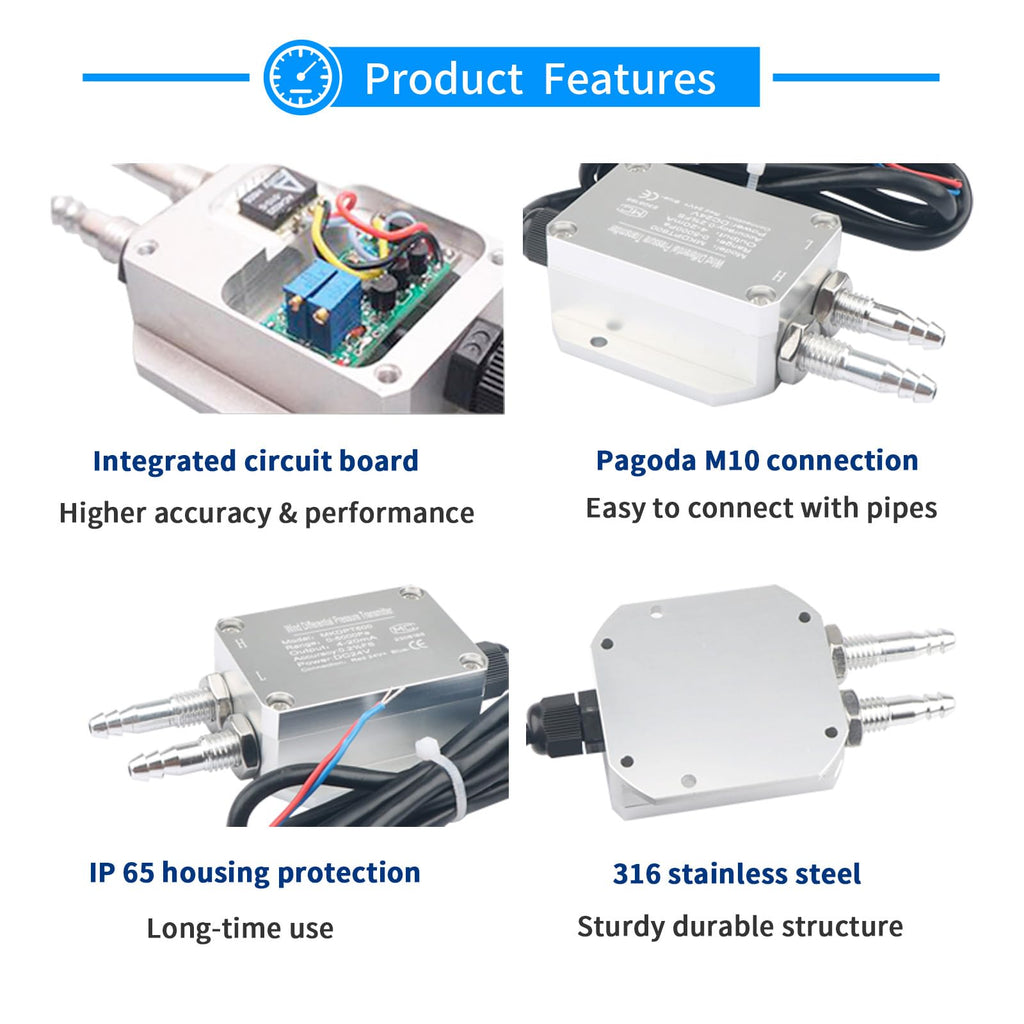 PoBaKra Air Differential Pressure Transmitters Dry Wind Difference Pressure Sensor 4-20mA Difference Pressure Gauges