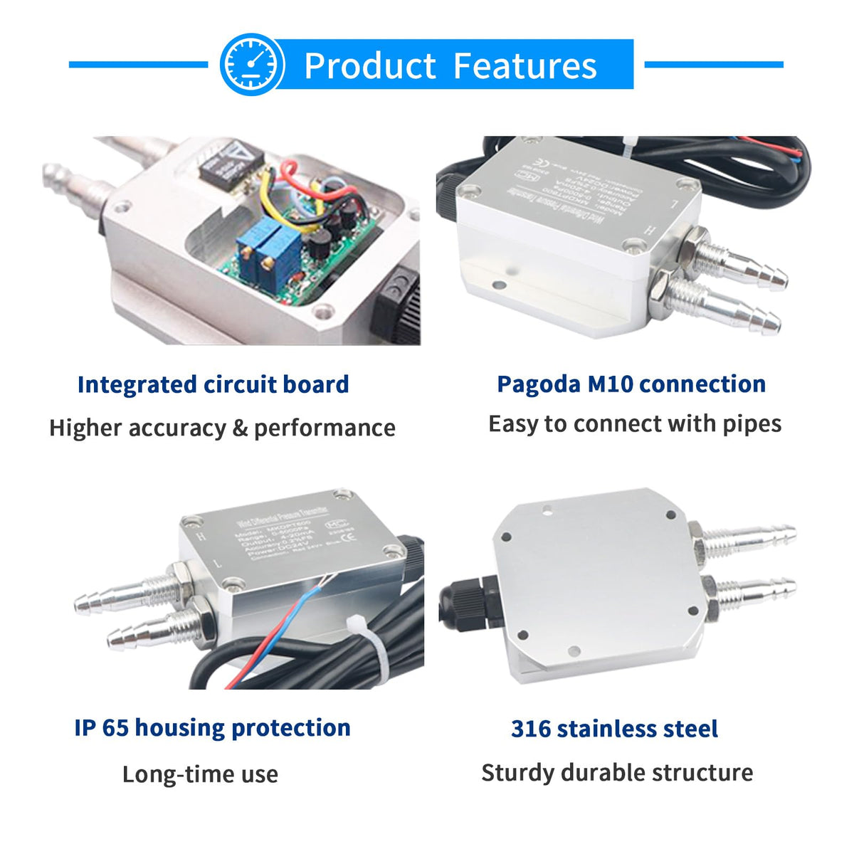 PoBaKra Air Differential Pressure Transmitters Dry Wind Difference Pressure Sensor 4-20mA Difference Pressure Gauges