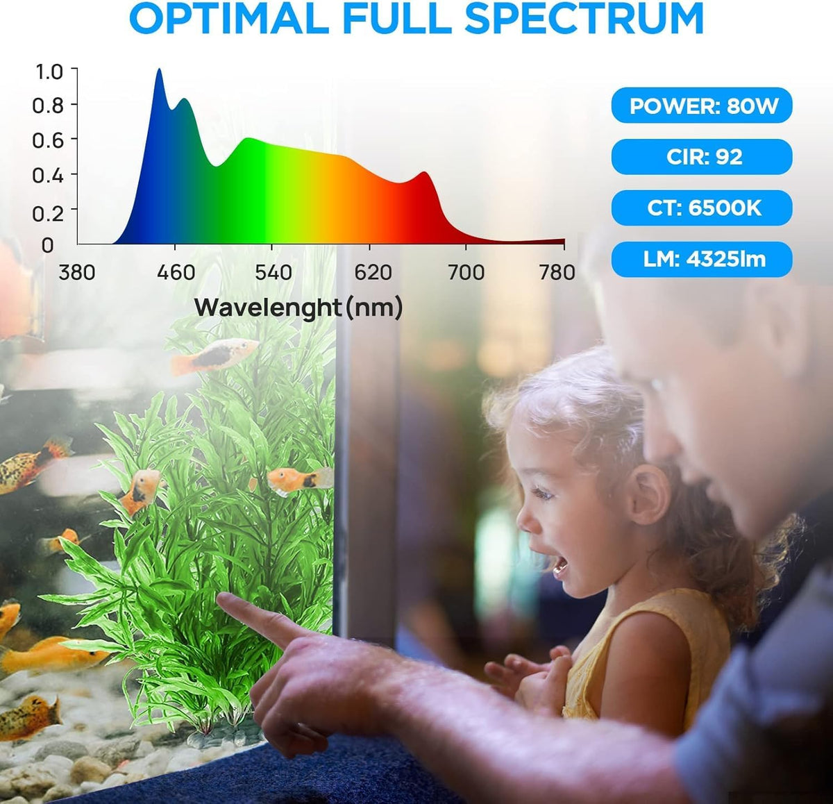 80W LED Aquarium Light with Dimmer Remote, Full Spectrum Planted Tank Light for Freshwater Aquarium, Clip-On Fish
