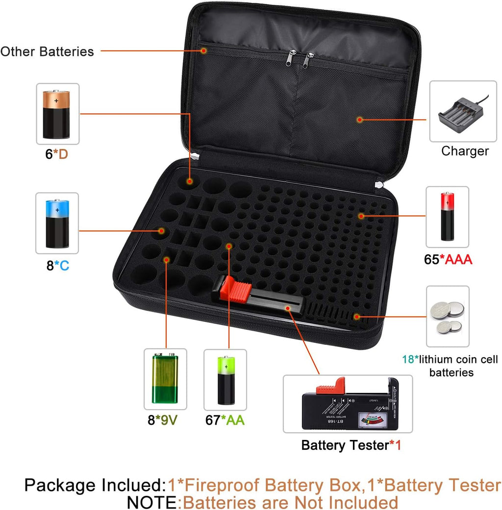 Fireproof Battery Organizer Storage Case Waterproof&Explosionproof | Carrying Safe Bag , Fits 210+ Batteries Case