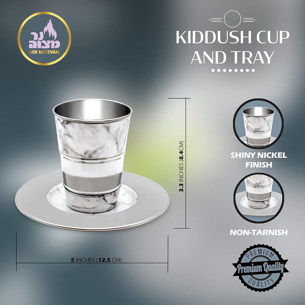 Kiddush Cup and Tray - Premium Quality White Marble and Nickel Plated Wine Cup - For Shabbat and Havdalah - Judaica