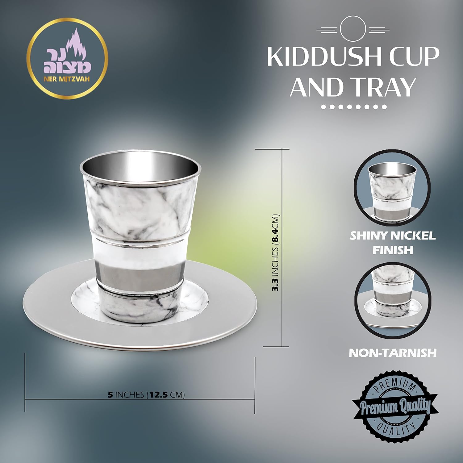 Kiddush Cup and Tray - Premium Quality White Marble and Nickel Plated Wine Cup - For Shabbat and Havdalah - Judaica