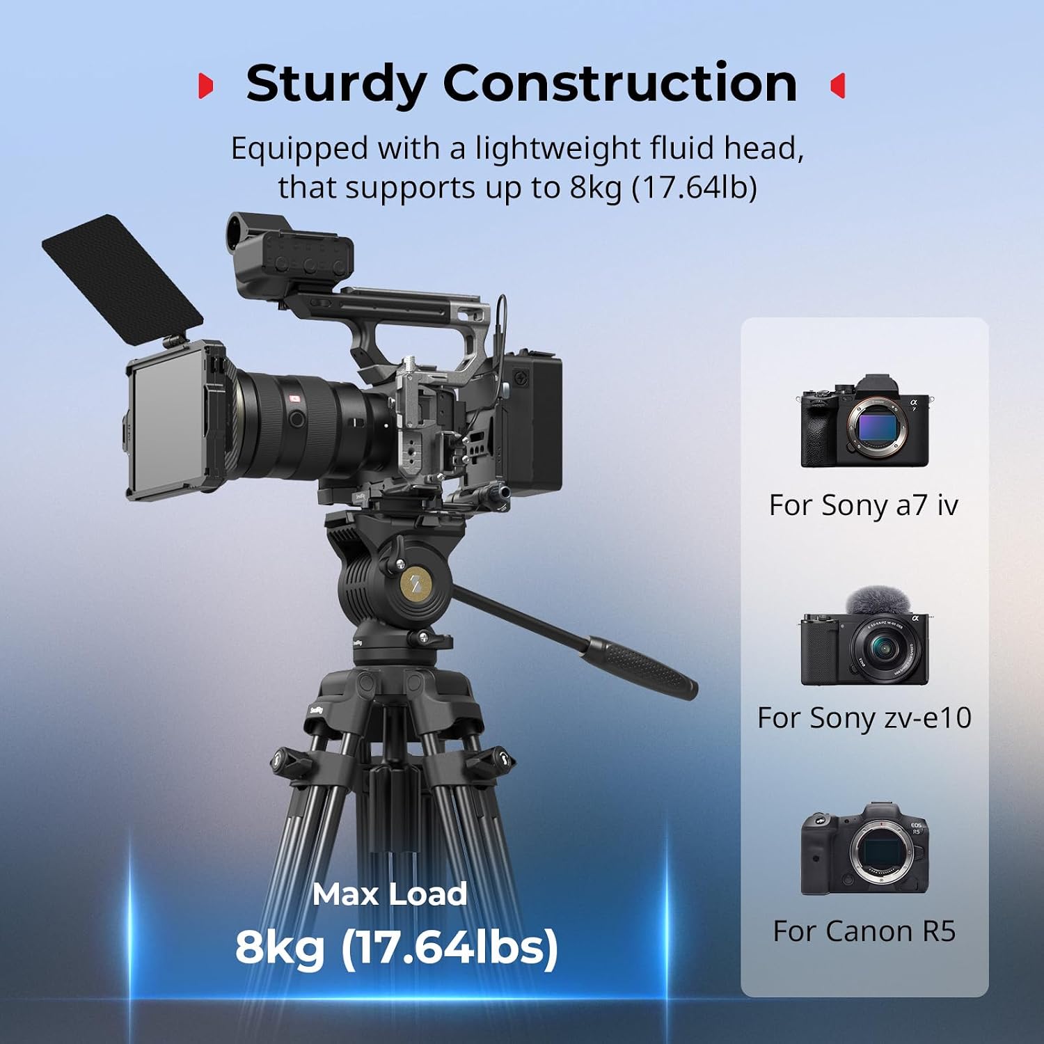 73''/186cm Heavy Duty Aluminum Alloy Video Tripod, Max Load 8kg (18lbs), Fluid Head with +85° to -78 Tilt Range
