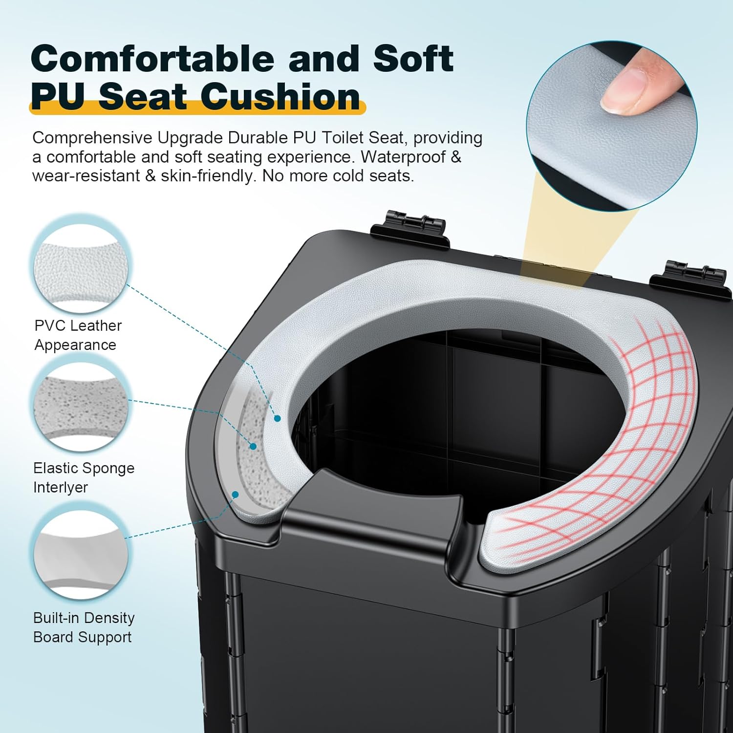 Camping Toilet - Upgraded soft toilet seat with urine Splash Guard, Folding Toilet with Detachable Paper Holder