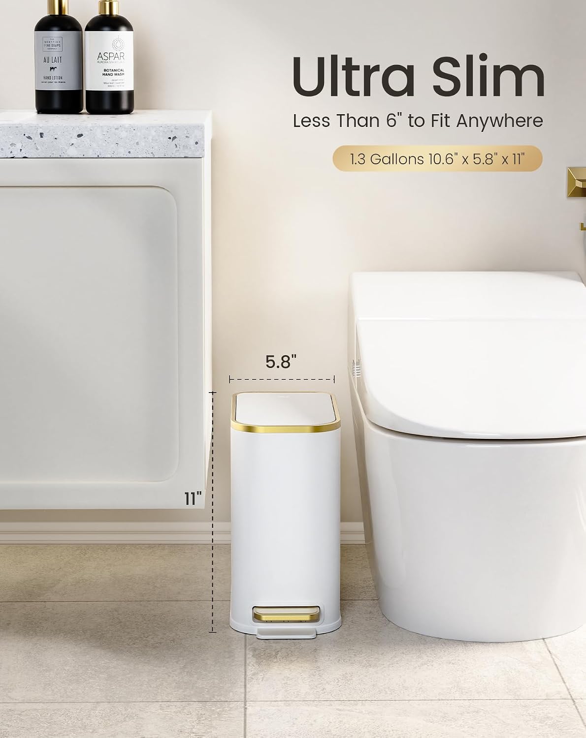 Small Bathroom Trash Can with Gold Grimmed Lid & Pedal, 1.3Gal, White | Soft Close Lid, Removable Inner Bucket, Slim