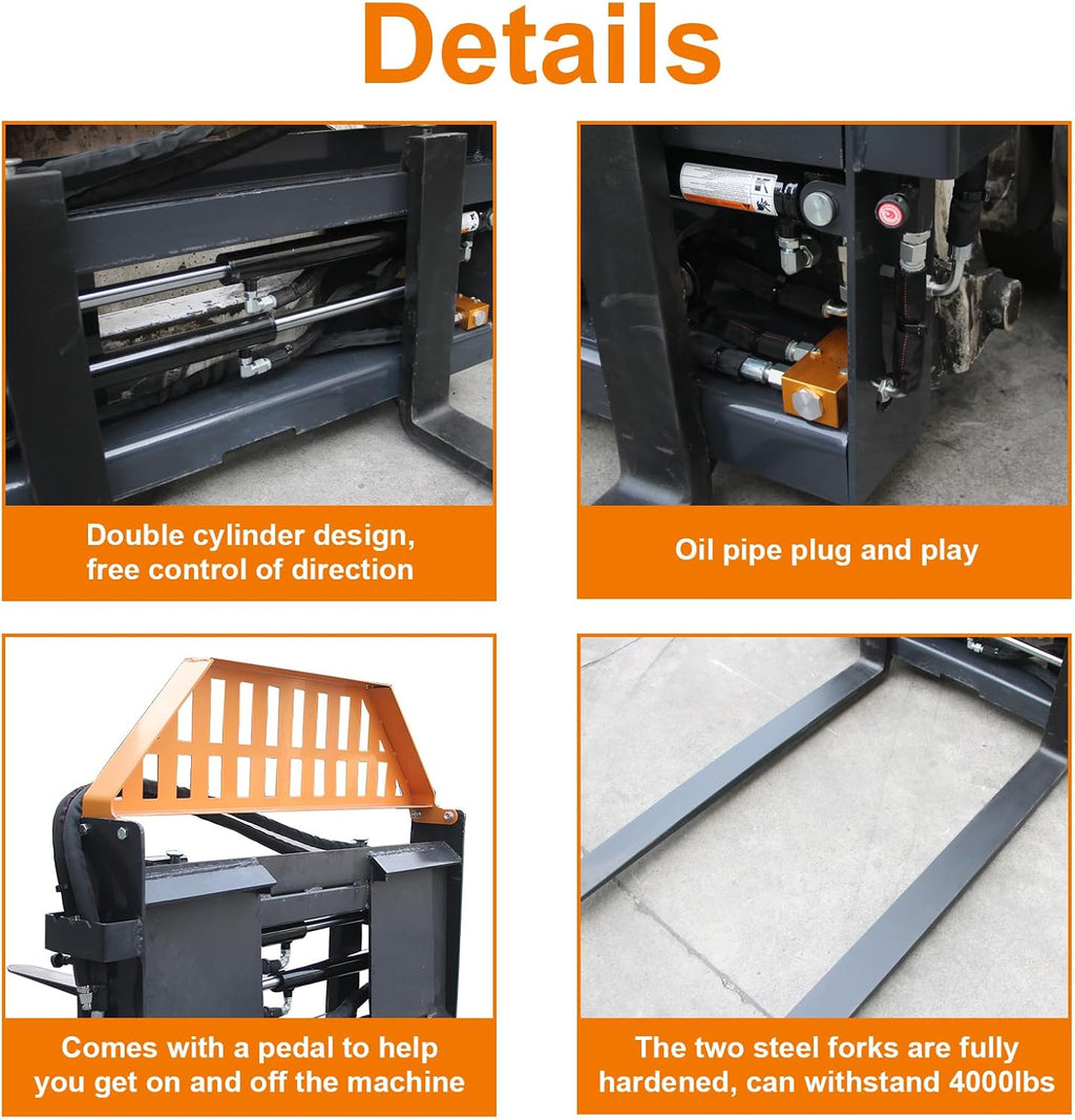 Hydraulic Pallet Forks – 48" Adjustable Tines, 4000 lbs Capacity | Universal Skid Steer Attachment with 2 Hydraulic