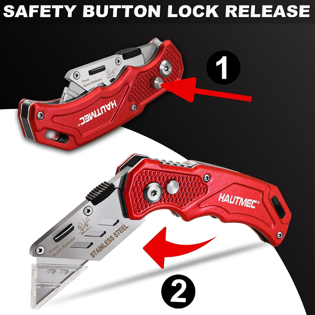 3-Pack Folding Utility Knife, Heavy-Duty Aluminum Box Cutter with Quick-Change Blades & Lock-Back Safety Design