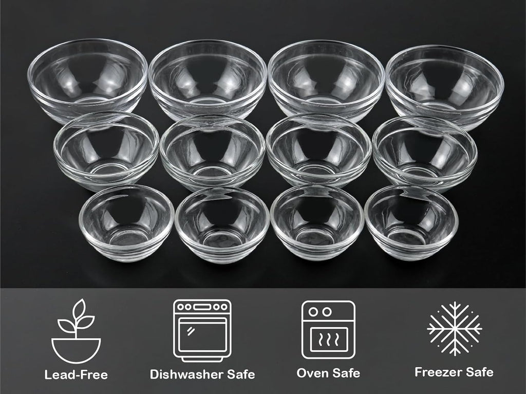3 Sizes of Glass Prep Bowl Sets, Clear Small Pinch Bowls for Salt, Spices and Chopped Ingredients, 1.5oz/2.5oz/3.5oz