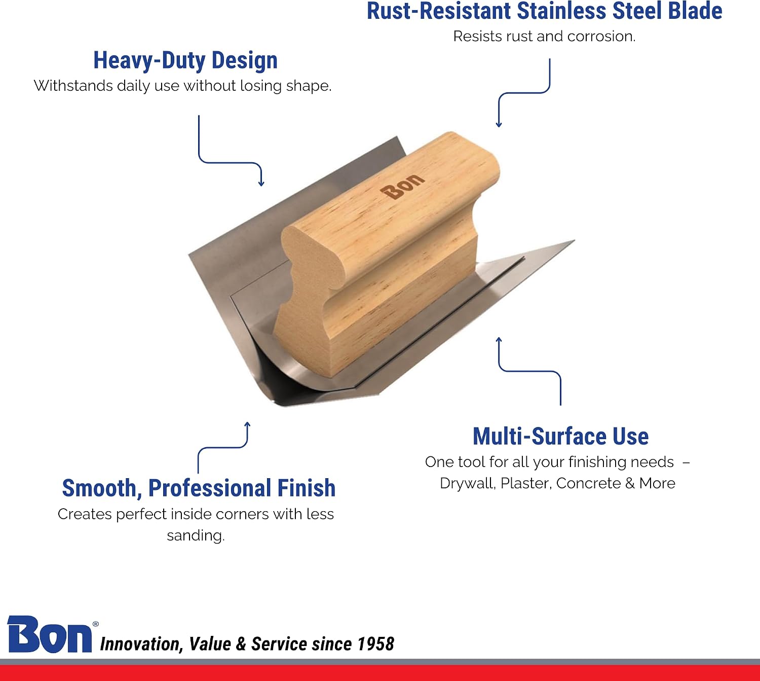 Inside Corner Tool – Stainless Steel 3/8" with Wood Handle | Drywall, Concrete, Plaster Finishing Tool |